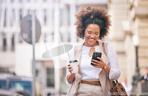 Image of Phone, coffee and business woman travel and walking in a city typing on social media, online or internet to connect. Connection, smile and happy person texting a contact via email, web or mobile app