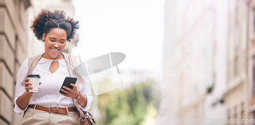 Image of Phone, city and business woman travel and walking in a town typing on social media, online or internet with space. Connection, street and happy person texting a contact via email, web or mobile app