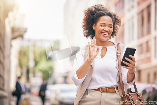 Image of Phone, video call and business woman travel and walking in city on social media, online or internet to connect. Connection, smile and happy person wave to contact via web or mobile app communication