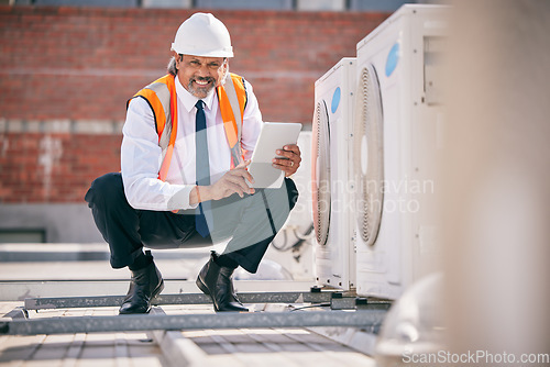 Image of Engineering man, air conditioner and tablet for HVAC power, heating generator or fan check in portrait. Electrician or person with digital technology for ac repair, electricity inspection or services