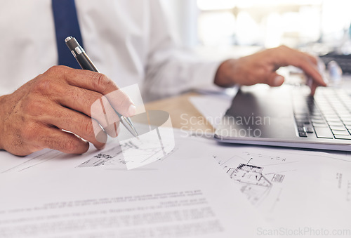 Image of Closeup of hand, paperwork and architect, blueprint and laptop with writing, contractor and building design. Construction documents, architecture and person with floor plan, tech and notes with pen