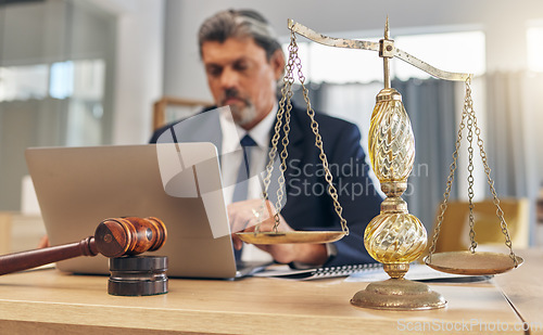 Image of Scales, gavel and man in office with laptop at law firm, online research for court advice and senior lawyer at desk. Judge, attorney or legal consultant job with justice, computer and internet search