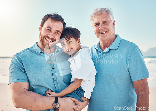 Image of Father, grandfather and a child happy at the beach while on a family vacation, holiday or adventure. A senior man, dad and boy kid together while outdoor for summer fun, portrait and travel by sea