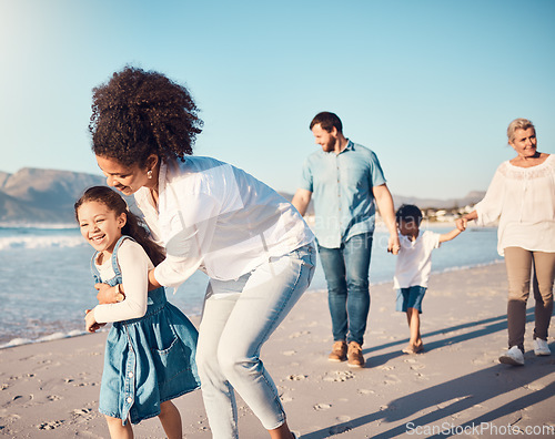 Image of Happy, child and a mother running at the beach on a family vacation, holiday or adventure in summer. Young girl kid playing with a woman outdoor with fun energy, happiness and love by the ocean