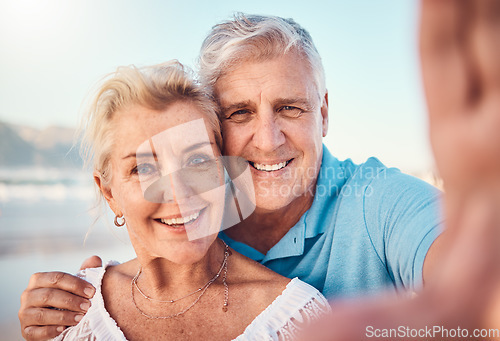 Image of Selfie, smile and old couple on beach for holiday to celebrate love, marriage and memory on social media. Digital photography, senior man and happy woman relax on ocean retirement vacation together.