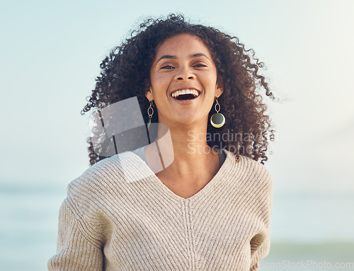 Image of Portrait, African woman and happiness at the beach or holiday, vacation and summer at the sea, ocean in Puerto Rico. Travel, freedom and smile on face for nature, adventure and blue sky mockup