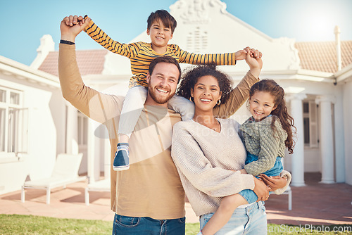 Image of Family, portrait with parents and children outdoor, happiness and love, care and bonding on house lawn. Man, woman and young kids with wellness, summer fun and freedom in home garden with smile