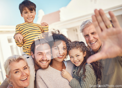 Image of Selfie, portrait and family, generations and happiness, grandparents with parents and children for social media post. Bonding, love and trust, happy people smile in picture outdoor and photography