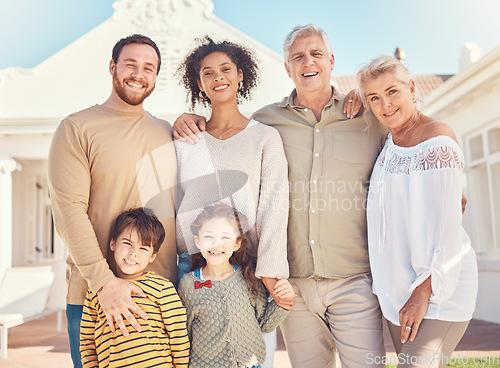 Image of Family, portrait and happiness, generations and love with grandparents, happy parents and children outdoor on house lawn. Men, women and young kids with wellness, and care with bonding in garden