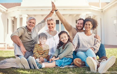 Image of Portrait, high five and a family in the garden of their home together during a visit with grandparents. Diversity, love and children with their parents on a lawn in the backyard for bonding in summer