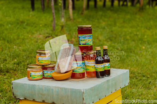 Image of Natural honey products photographed at a honey farm. Pollen, honey and various honey products