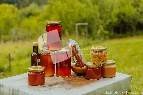 Image of Natural honey products photographed at a honey farm. Pollen, honey and various honey products