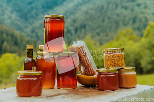 Image of Natural honey products photographed at a honey farm. Pollen, honey and various honey products