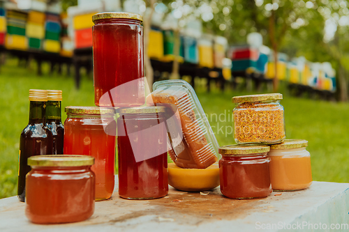 Image of Natural honey products photographed at a honey farm. Pollen, honey and various honey products