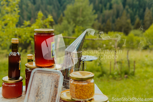 Image of Natural honey products photographed at a honey farm. Pollen, honey and various honey products