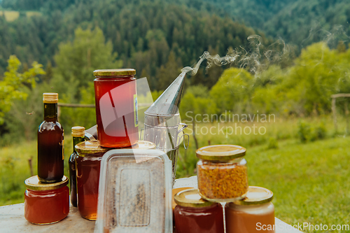 Image of Natural honey products photographed at a honey farm. Pollen, honey and various honey products