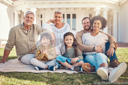 Image of Family, portrait and happiness, people relax on lawn and love, grandparents and parents with children outdoor. Men, women and kids with generations, trust and care with bonding in garden together