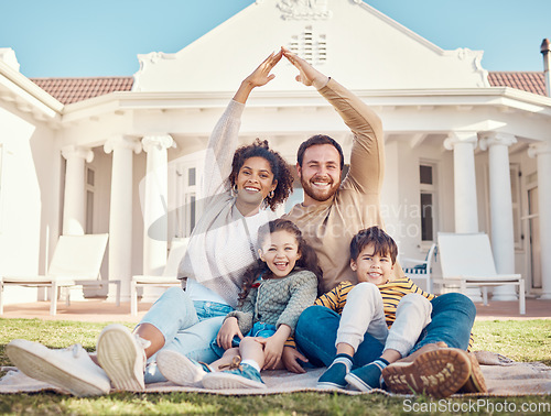 Image of Parents, hands together and protection with children, relax on lawn and happiness in portrait while at home. Safety, security and insurance, people with smile and support, trust and love with care