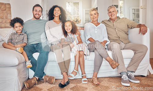 Image of Happy big family, portrait and relax on sofa together for holiday weekend or bonding at home. Interracial parents, grandparents and kids smile in happiness for quality time on couch in living room