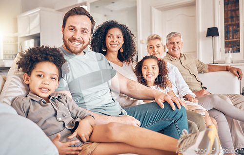 Image of Happy big family, portrait and sofa together for holiday weekend, break or bonding in relax at home. Parents, grandparents and children smile in happiness for quality time on couch in living room