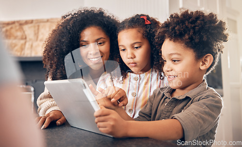 Image of Cartoon, streaming and a family with a tablet in a house for communication or games. Website, education and children, mother and technology for online reading, movie or a meme on the internet