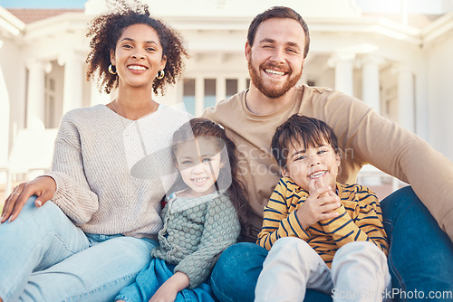 Image of Family, portrait and parents with children relax on lawn, love and happiness with people outdoor. Man, woman and young kids with smile, parenting with trust and care, bonding in home garden together