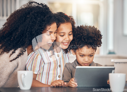 Image of Family, mother and children on tablet for home e learning, online education and watch or streaming cartoon. Happy african kids and mom on digital technology for teaching support and school website