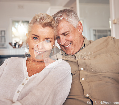 Image of Old couple on couch, portrait and retirement together, love and care in marriage with people at home. Relax in living room, life partner and pension, man and woman bonding with trust and commitment