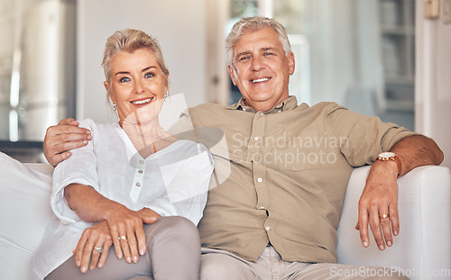 Image of Old couple on sofa, portrait and retirement together, love and care in marriage with people at home. Relax in living room, life partner and pension, man and woman bonding with trust and commitment