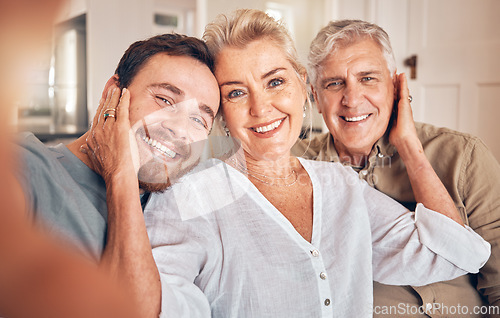 Image of Man, elderly parents and selfie in home, portrait and embrace with love, care and bonding for post on web. Family house, mother and father with son for profile picture, photography and social network