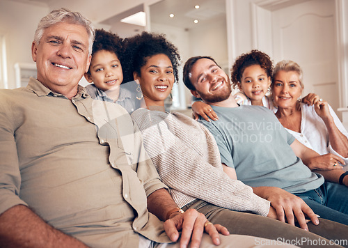 Image of Happy big family, portrait and sofa for holiday weekend, break or bonding together in relax at home. Parents, grandparents and children smile in happiness for quality time on couch in living room