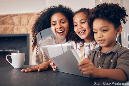 Image of Happy, streaming and a family with a tablet in a house for communication, cartoon or games. Website, education and children, mother and technology for online reading, movie or a meme on the internet