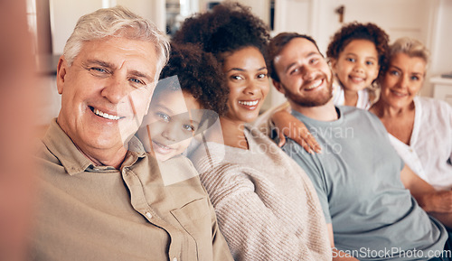 Image of Happy big family, portrait and selfie on sofa for holiday weekend, break or bonding together in relax at home. Parents, grandparents and children smile in happiness for photograph in the living room