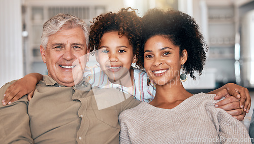 Image of Happy, interracial and portrait of family with hug, care and love for grandfather or mother on sofa. Smile, house and a girl child with a senior man and a mom in the lounge during a visit or bonding