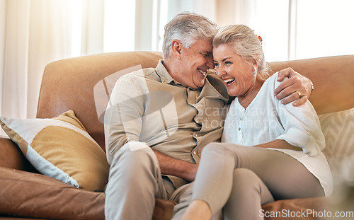 Image of Old couple on sofa, hug and retirement together, love and care in marriage with people at home. Relax in living room, life partner and pension, man and woman bonding with trust and commitment
