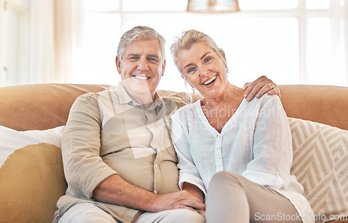 Image of Old couple, hug and portrait, retirement together with love and care in marriage, people on sofa at home. Relax in lounge, life partner and pension, man and woman bonding with trust and commitment