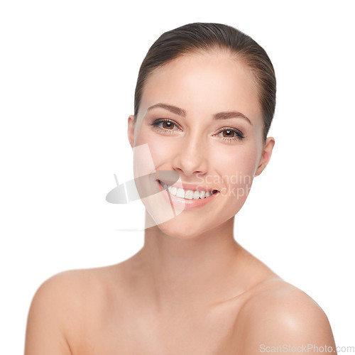 Image of Skincare, beauty and face of a woman with a happy smile, teeth and clean skin on a png, transparent and isolated or mockup background. Portrait of good hygiene, health and dental care or wellness