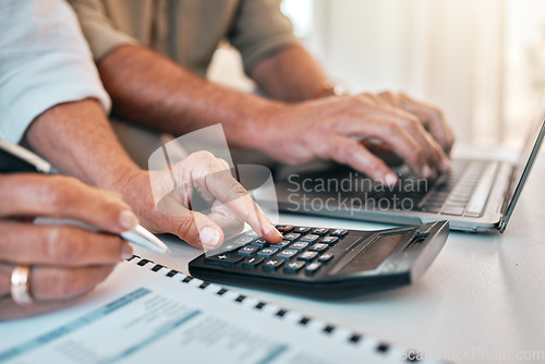 Image of Hands, laptop and calculator for a home budget, planning retirement or online payment for banking. Accounting, couple or people with financial research, mortgage or analysis of tax paperwork