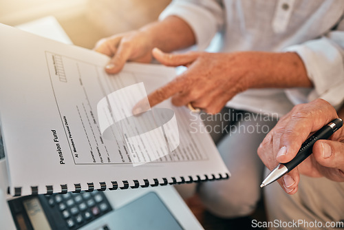 Image of Documents, couple hands and pension funding, asset management and reading information for retirement policy. Helping, FAQ and senior people on financial paperwork, insurance or contract for signature