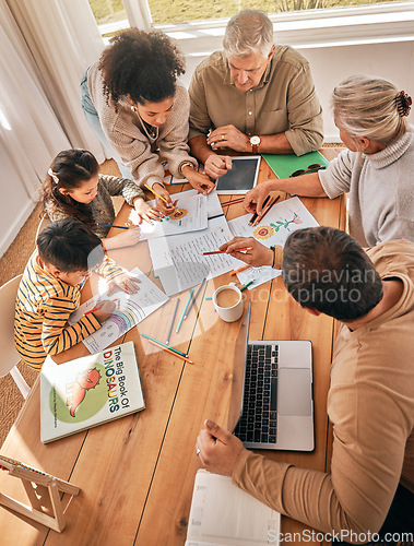 Image of Family home, kids and homework with learning, grandparents and parents with tech in top view. Mother, father and children with laptop, tablet and paperwork in busy house with help, reading or study