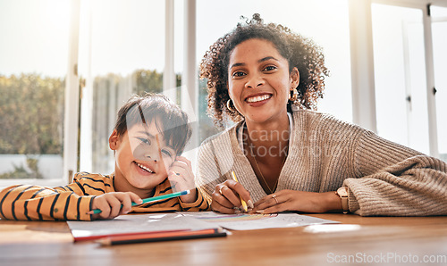 Image of Mom, son child and portrait with homework, smile and helping with support, development and care in family home. Mother, boy kid and happy for learning, education and writing with studying for future