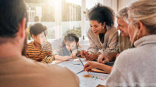 Image of Family house, kids and education with grandparents, homework and parents with drawing at desk. Mother, father and children with writing, happy and notebook in busy home with help, reading and study