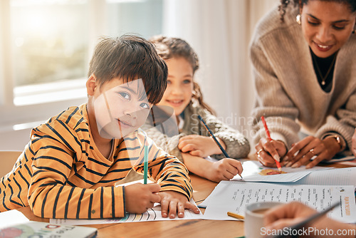 Image of Family home, children and homework with learning, portrait and mom for writing in notebook. Mother, smile and kids with paper, pencil and drawing in morning at house with help, reading or development