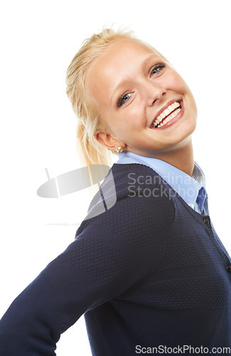 Image of Happy to be here. Studio shot of a beautiful young blonde isolated on white.