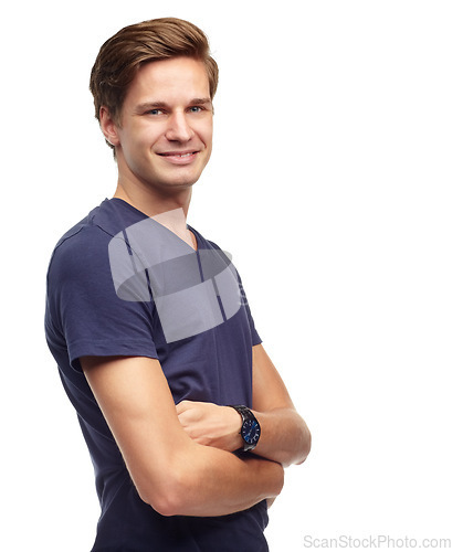 Image of Crossed arms, fashion and portrait of man in studio with confidence, attractive and pride on white background. Smile, confident and face of isolated handsome male person with trendy casual clothes