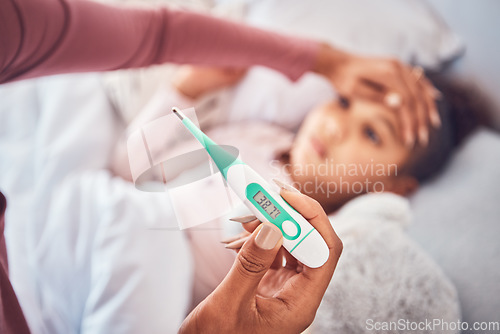 Image of Sick child in bed, mother and thermometer for fever, virus and flu with illness, care and health. Mother, kid and woman check temperature, home or support with fever, love, forehead or medical issue