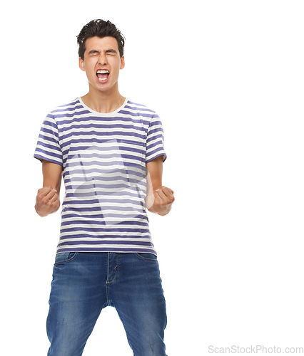 Image of Casually handsome. A cropped shot of an ecstatic young man air punching, isolated on white.