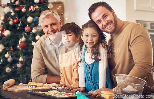 Image of Christmas, portrait and family baking cookies in home, bonding and together. Xmas, cooking food and face smile of grandfather, dad and children with love at party, celebration and winter holiday