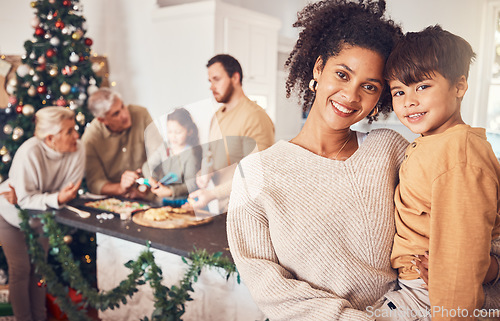 Image of Portrait, christmas and a mother with her son in the home for tradition or a festive celebration event. Family, children and woman hugging her boy child in a house during the december holiday season