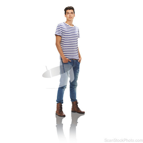 Image of Fashion, style and serious, cool man in casual, trendy clothes with a confident mindset on a png, transparent and isolated or mockup background. Portrait of a model in stripes with attitude